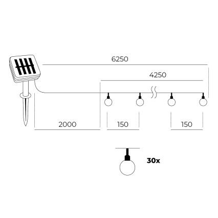 LED-aurinkoketju 30xLED/0,12W/1,2V 3000K IP44