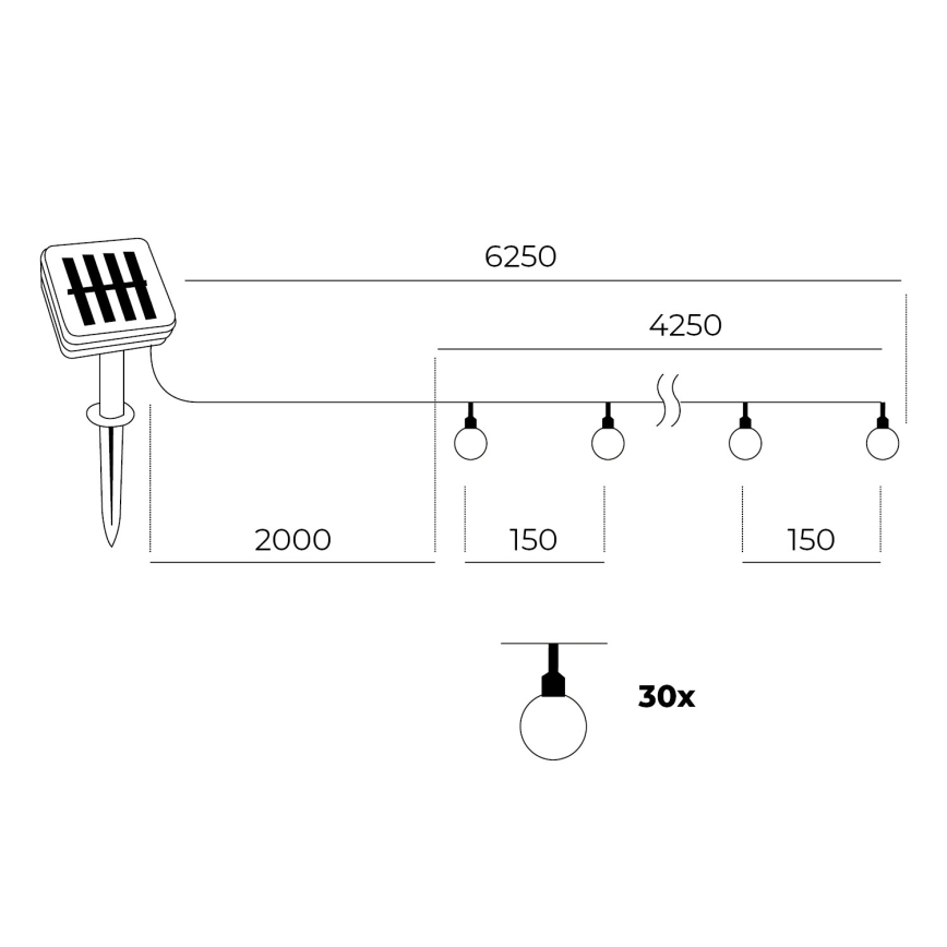 LED-aurinkoketju 30xLED/0,12W/1,2V 3000K IP44