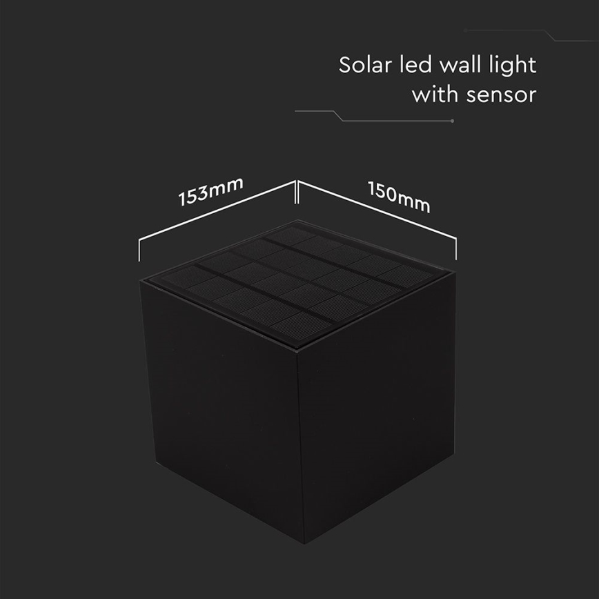 LED aurinkokäyttöinen seinävalaisin sensorilla LED/9W/3,7V 3000/4000/5000K 2600 mAh IP65 musta