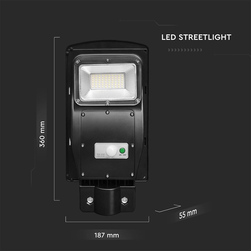 LED himmennettävä aurinkokäyttöinen katuvalaisin liiketunnistimella ja hämäräkytkimellä LED/6W/3,2V 6000K IP65 5000 mAh musta + kaukosäädin