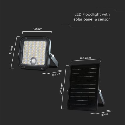 LED Himmennettävä aurinkokenno valonheitin anturilla LED/10W/3,7V 4000/6000K IP65 + kauko-ohjaus
