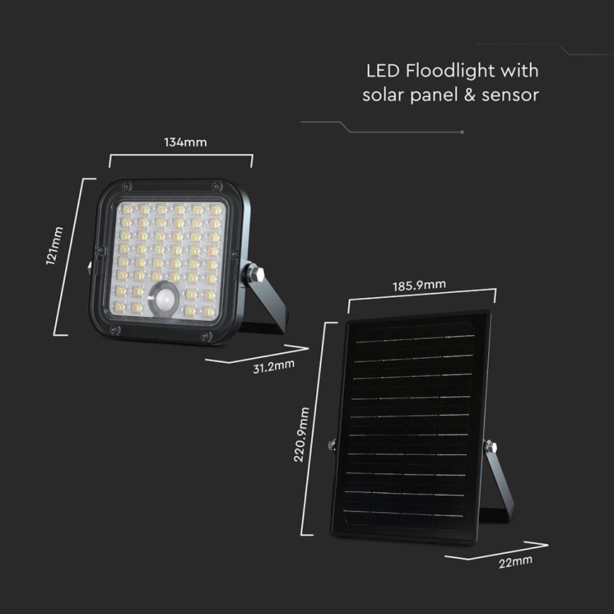 LED Himmennettävä aurinkokenno valonheitin anturilla LED/10W/3,7V 4000/6000K IP65 + kauko-ohjaus