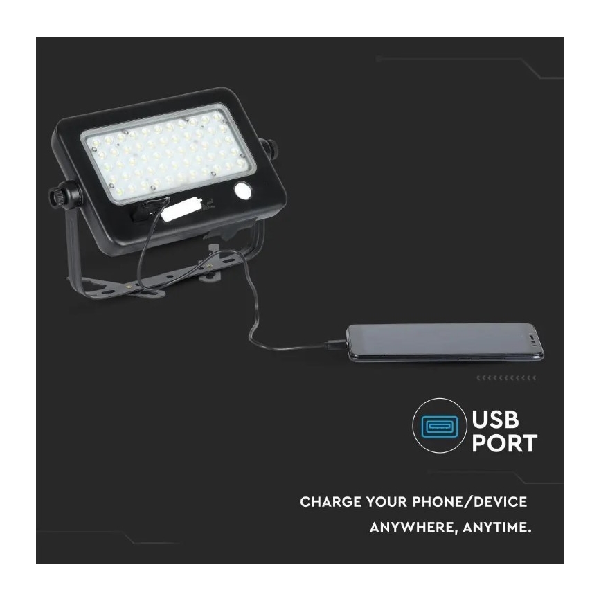 LED Himmennettävä aurinkokenno valonheitin anturilla LED/10W/3,7V 4000K IP65 7200 mAh + USB-portti