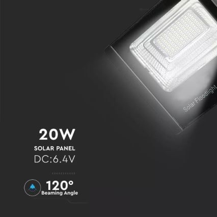 LED-himmennettävä aurinkokennovalonheitin LED/20W/6,4V 4000K IP65 + kaukosäädin