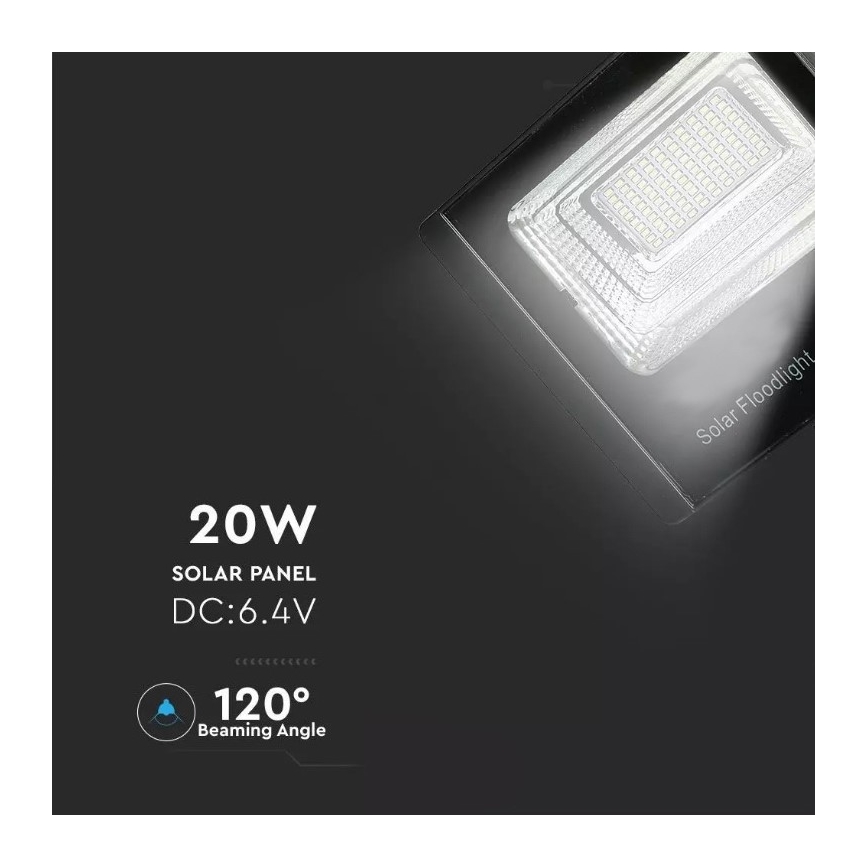 LED-himmennettävä aurinkokennovalonheitin LED/20W/6,4V 4000K IP65 + kaukosäädin