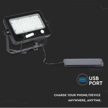 LED-himmennettävä aurinkokennovalonheitin sensorilla LED/10W/3,7V 4000K IP65 + USB-portti