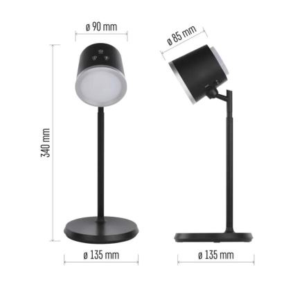 LED Himmennettävä ja ladattava pöytälamppu 4in1 LED/6W/3,7V 3000K/4000K/6500K 1500mAh musta