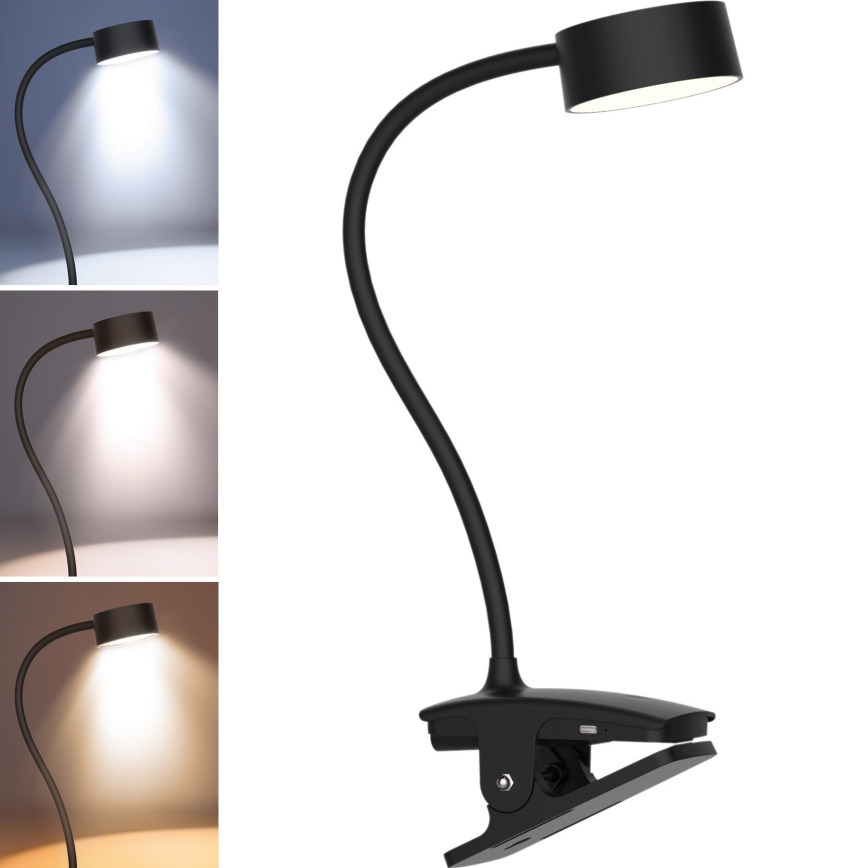 LED Himmennettävä joustava ladattava pöytävalaisin klipsillä LED/2W/1800 mAh 3000/4000/6500K musta