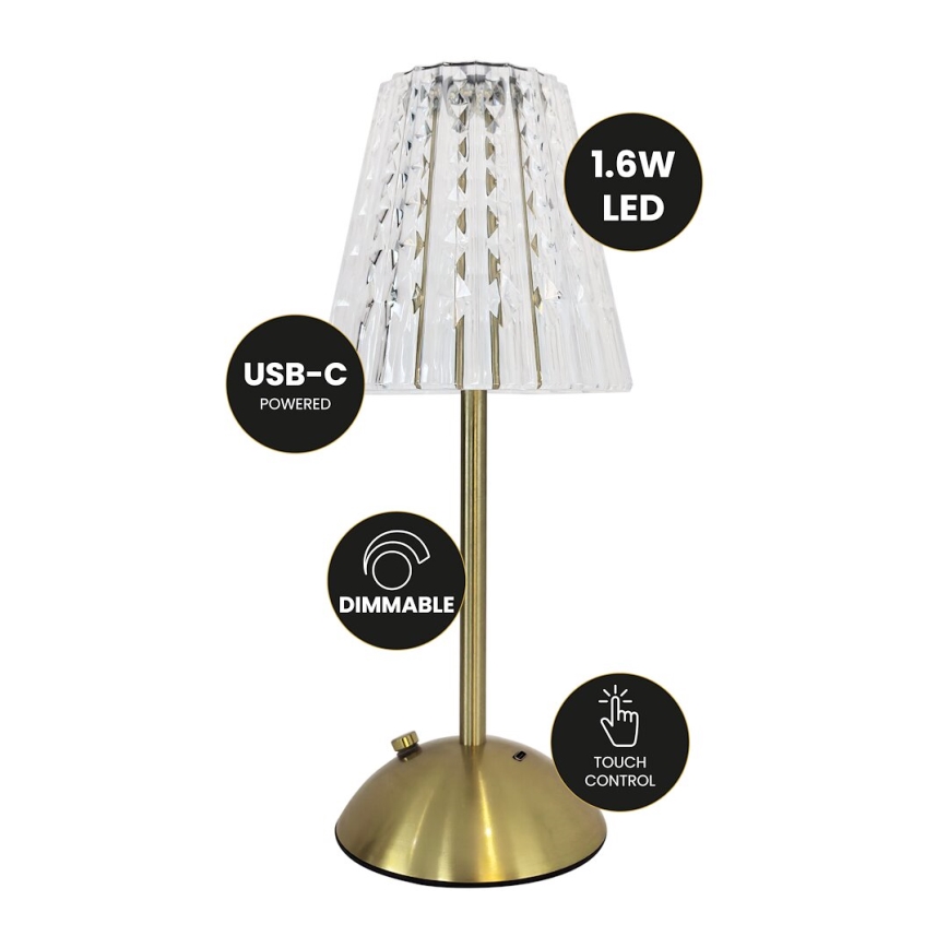 LED Himmennettävä ladattava kosketuspöytävalaisin ELBA LED/1,6W/800 mAh 3000/4000/6000K kulta/läpinäkyvä