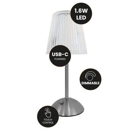 LED Himmennettävä ladattava kosketuspöytävalaisin ELBA LED/1,6W/800 mAh mattakromi/läpinäkyvä