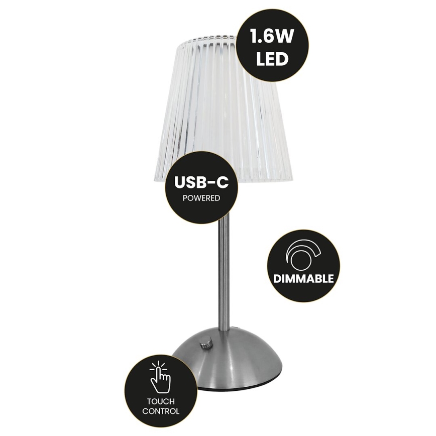 LED Himmennettävä ladattava kosketuspöytävalaisin ELBA LED/1,6W/800 mAh mattakromi/läpinäkyvä