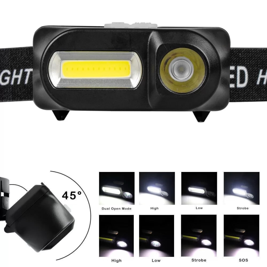LED Himmennettävä ladattava otsalamppu 2xLED/5V IP44 210 kiiltävä 2000 mAh