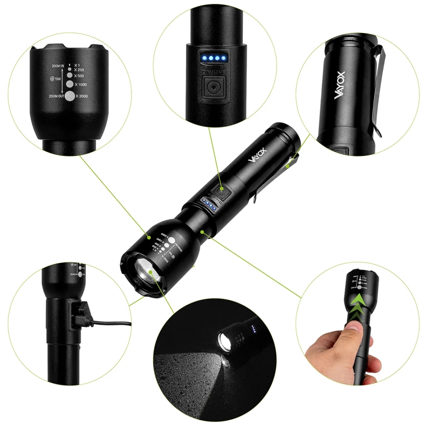 LED Himmennettävä ladattava taskulamppu LED/20W/5V IPX4 800 kiiltävä 2000 mAh