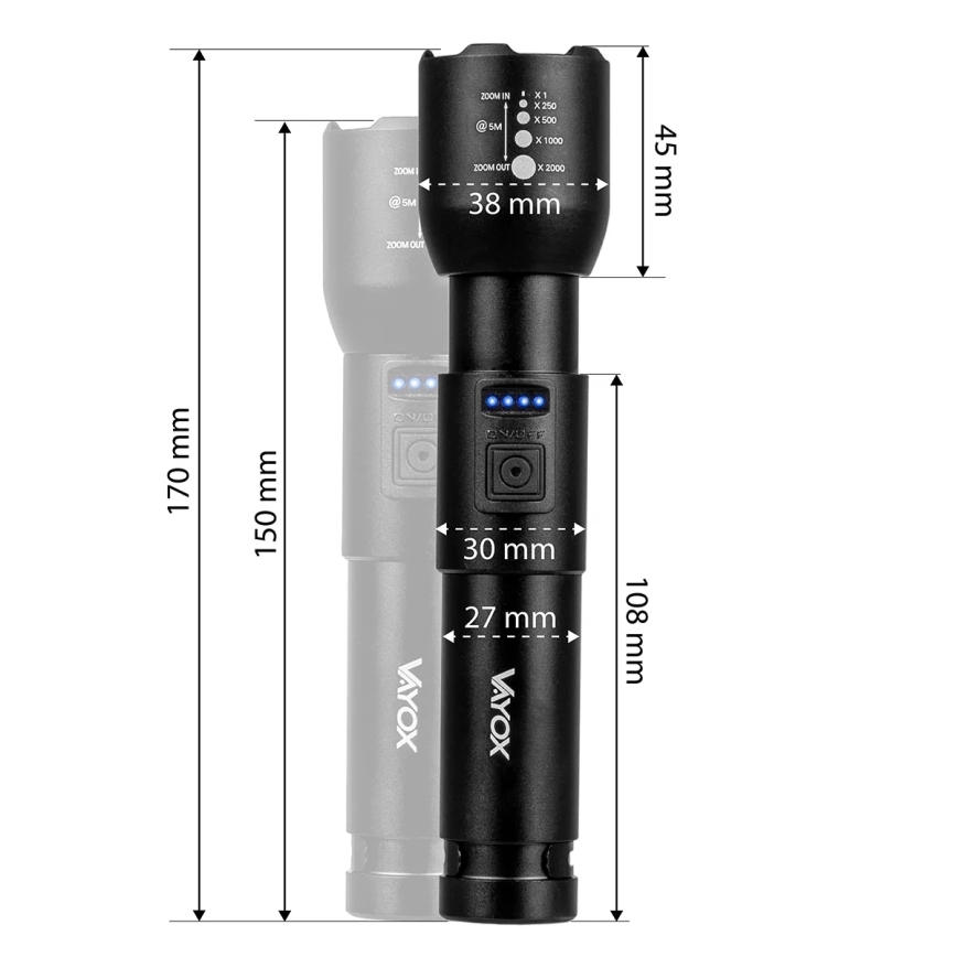 LED Himmennettävä ladattava taskulamppu LED/20W/5V IPX4 800 kiiltävä 2000 mAh