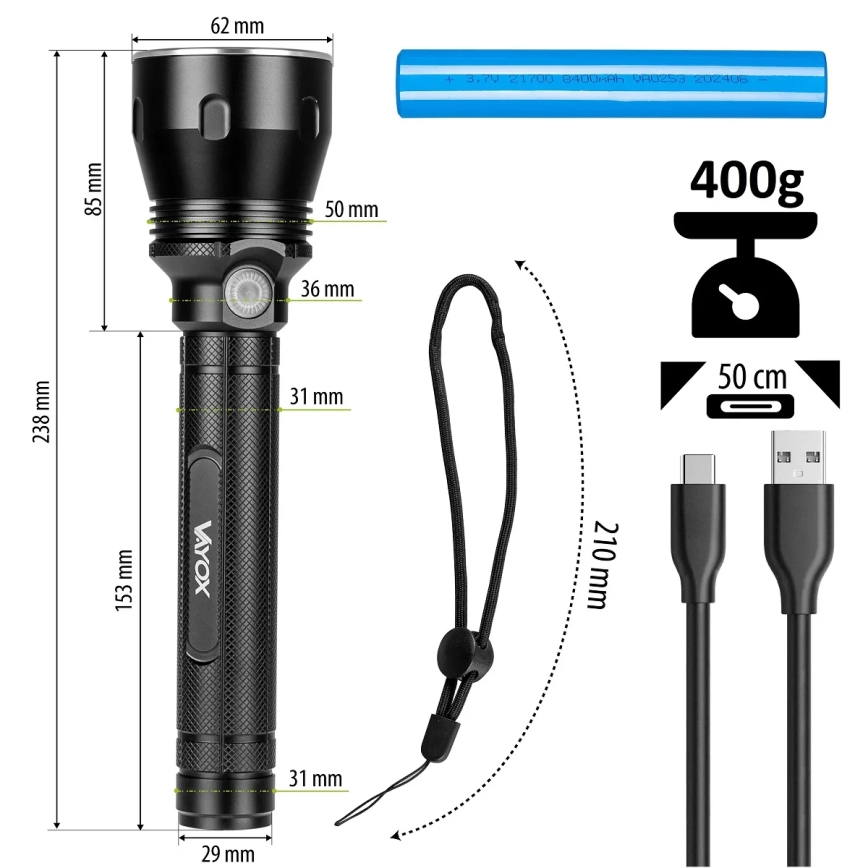 LED Himmennettävä ladattava taskulamppu LED/20W/5V IPX5 1570 kiiltävä 8400 mAh
