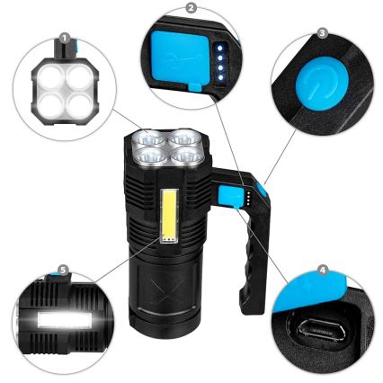 LED Himmennettävä ladattava taskulamppu LED/5V IPX4 250 kiiltävä 1200 mAh