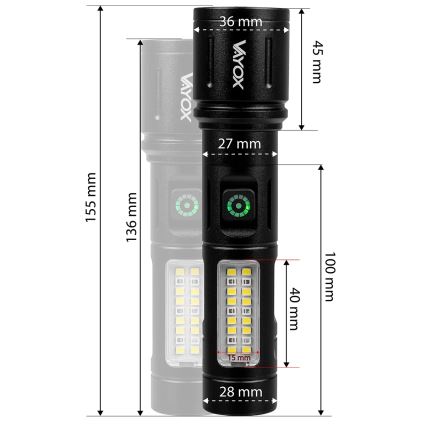 LED Himmennettävä ladattava taskulamppu kanssa punainen valo LED/5W/5V IPX4 260 kiiltävä 2000 mAh