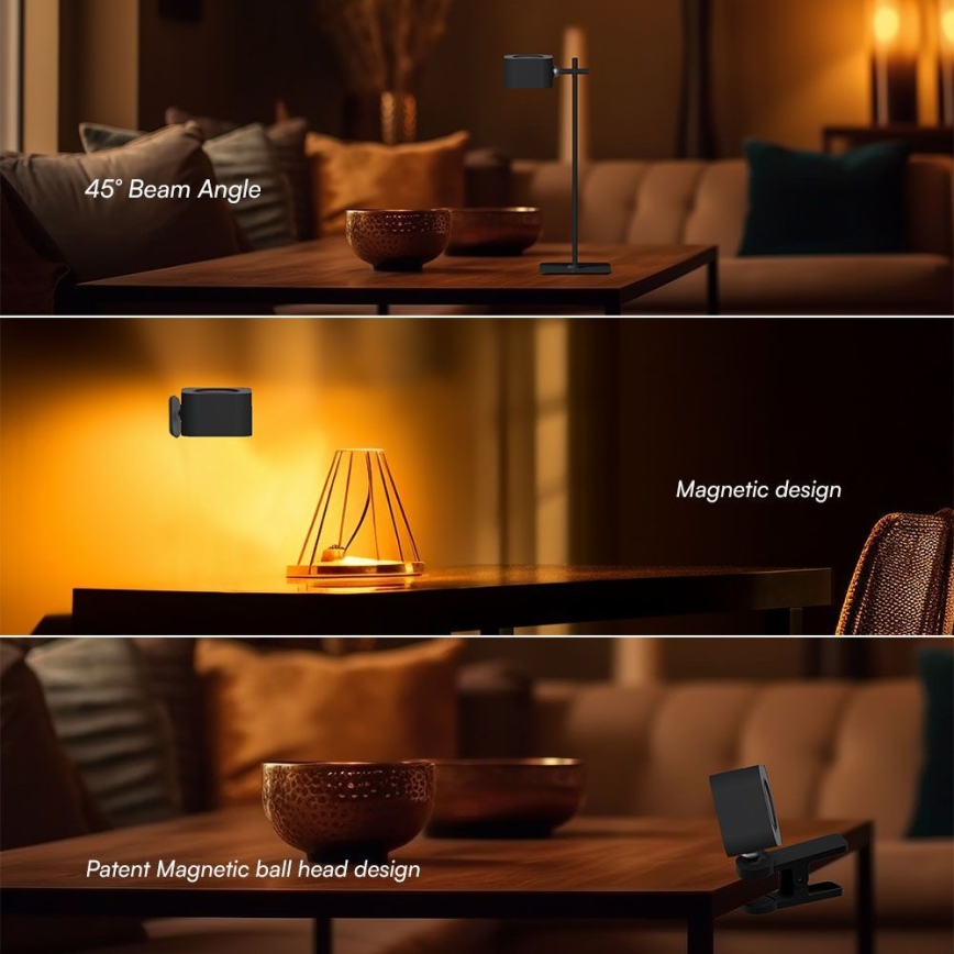 LED Himmennettävä magneettinen ladattava pöytävalaisin 4in1 LED/3W/5V 3000-6000K 1800 mAh musta