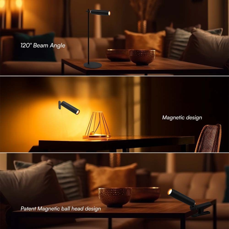 LED Himmennettävä magneettinen ladattava pöytävalaisin 3in1 LED/3W/5V 4000K 1500 mAh musta