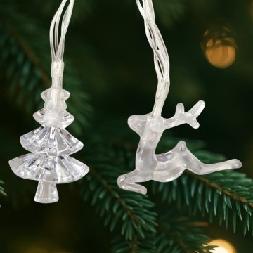 LED-jouluvaloketju ulkokäyttöön, 20 LED, 2xAA-paristoilla, 2,2 m, IP44, moniväriset kuuset ja porot