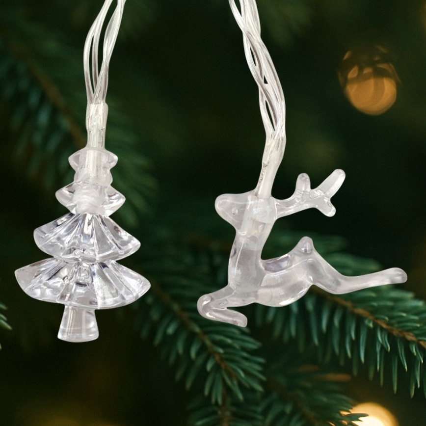 LED-jouluvaloketju ulkokäyttöön, 20 LED, 2xAA-paristoilla, 2,2 m, IP44, moniväriset kuuset ja porot