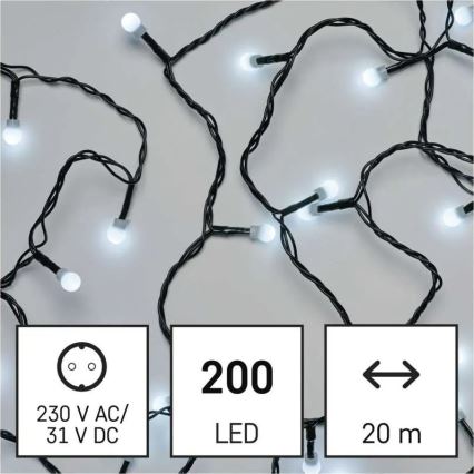 LED-jouluvalosarja 200 LED/8 toimintoa 20 m IP44 kylmänvalkoinen
