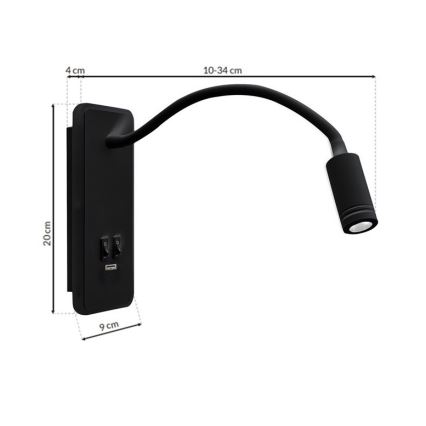 LED Joustava wall pieni lamppu kanssa USB BASE 1xLED/8W+1xLED/2W/230V musta