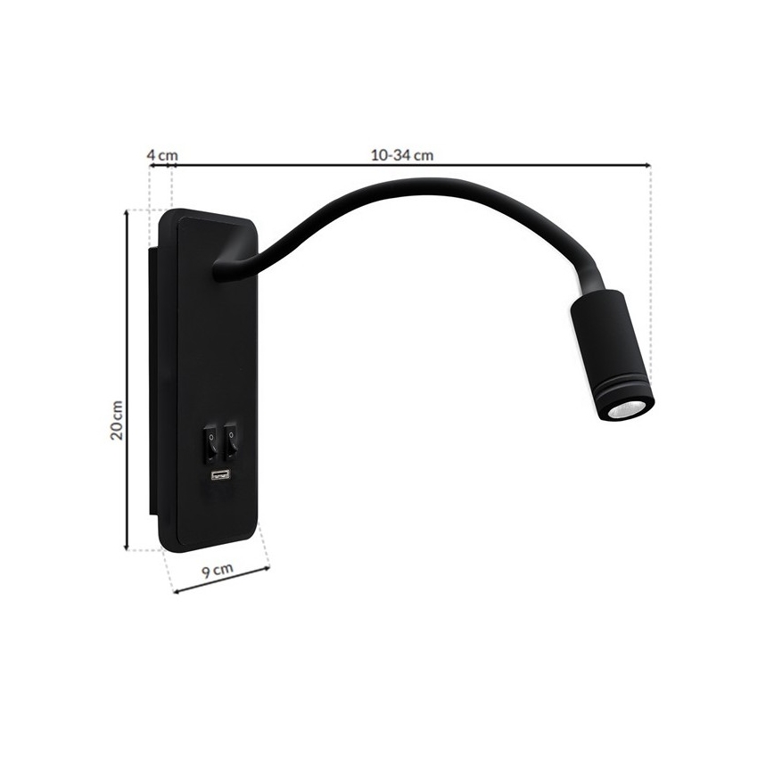LED Joustava wall pieni lamppu kanssa USB BASE 1xLED/8W+1xLED/2W/230V musta