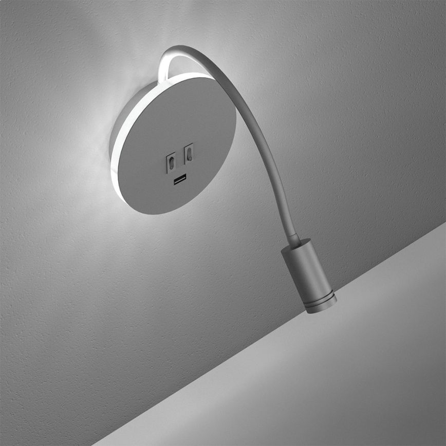 LED Joustava wall pieni lamppu kanssa USB BASE 1xLED/8W+1xLED/2W/230V valkoinen/hopea
