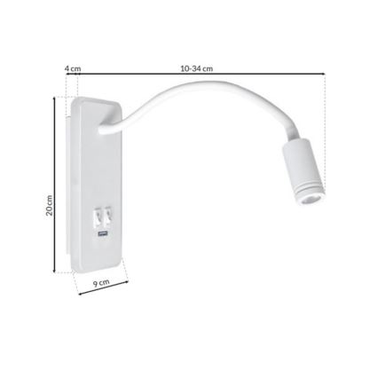 LED Joustava wall pieni lamppu kanssa USB BASE 1xLED/8W+1xLED/2W/230V valkoinen