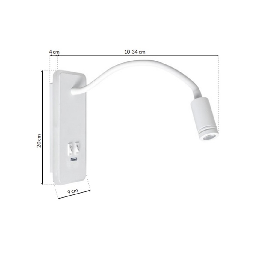 LED Joustava wall pieni lamppu kanssa USB BASE 1xLED/8W+1xLED/2W/230V valkoinen