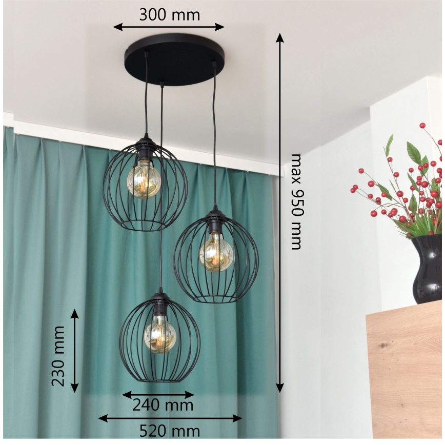LED-kattokruunu johdossa MERCURE 3xE27/15W/230V ø 50 cm musta