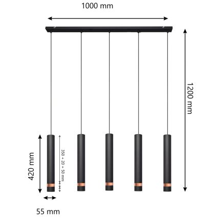 LED Kattokruunu johdossa TUBA 5xGU10/6,5W/230V musta/kupari