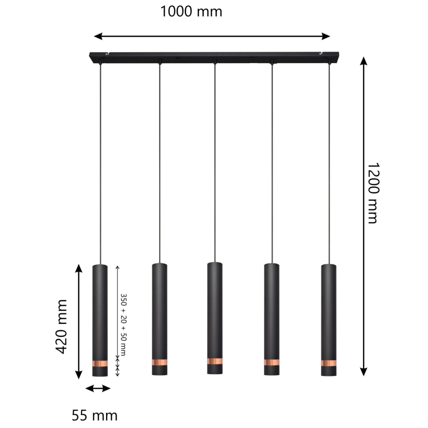 LED Kattokruunu johdossa TUBA 5xGU10/6,5W/230V musta/kupari