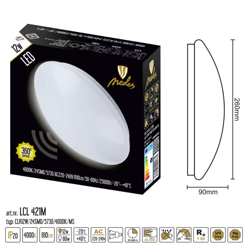 LED-kattovalaisin anturilla LED/12W/230V 4000K