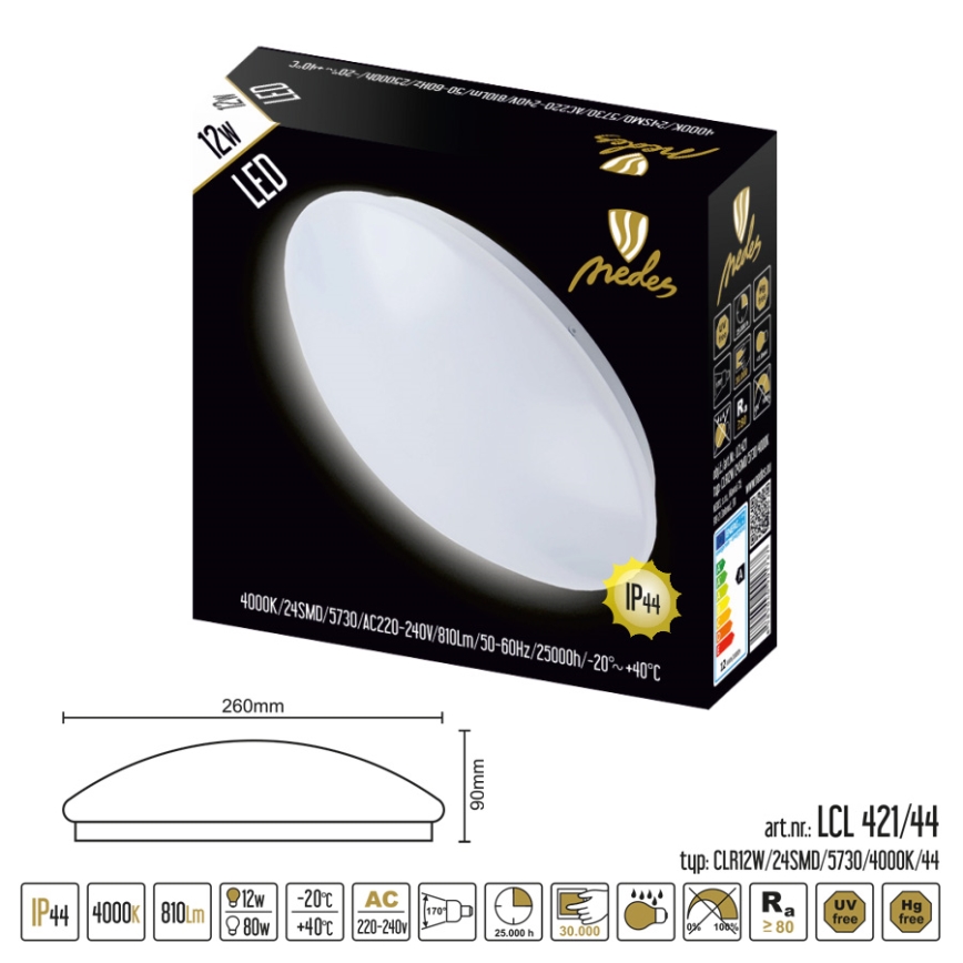 LED-kattovalaisin kylpyhuoneessa LED/12W/230V IP44