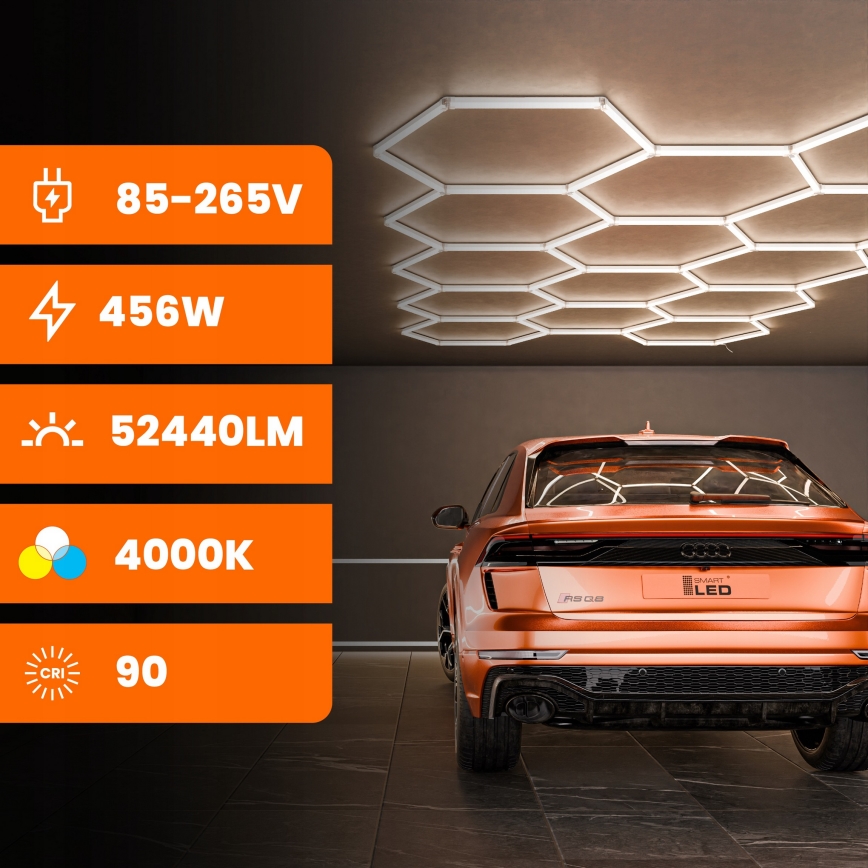 LED-kattovalaisin HEXAGON LED/456W/85-265V 4000K 522x298 cm Ra 90 IP54 valkoinen