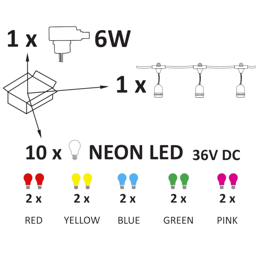 LED koristeketju ulkokäyttöön PARTY NEON 7,6 m 10xE27/0,6W/36V IP44