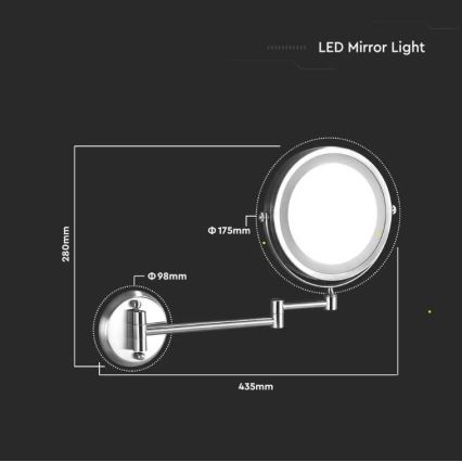 LED-kosmetiikkapeili seinälle LED/3W/6V IP44