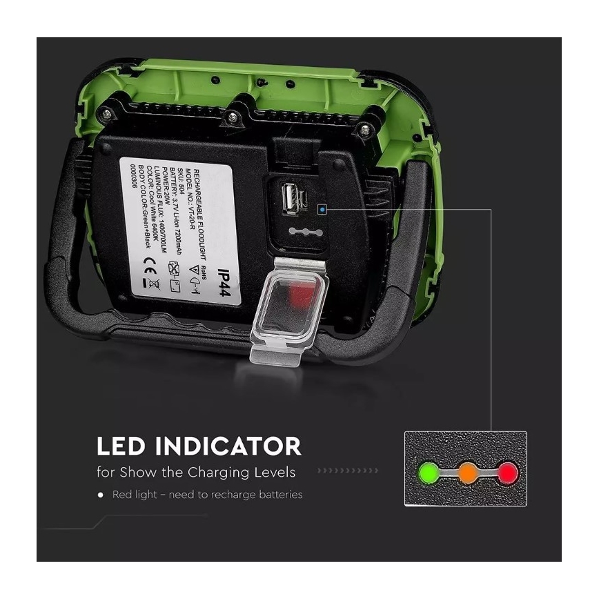 LED Ladattava himmennettävä valonheitin SAMSUNG CHIP + SOS-toiminto LED/20W/3,7V/USB IP44 4000K vihreä