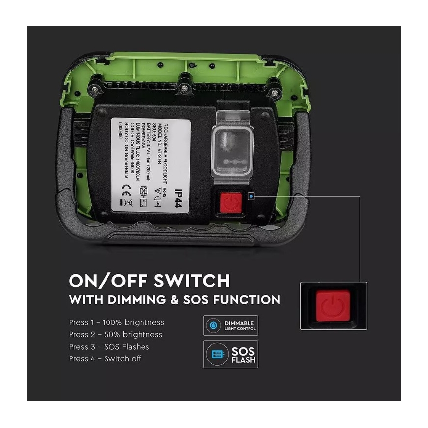 LED Ladattava himmennettävä valonheitin SAMSUNG CHIP + SOS-toiminto LED/20W/3,7V/USB IP44 4000K vihreä