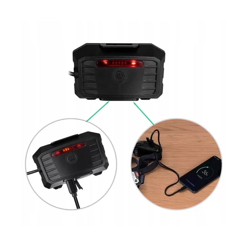 LED himmennettävä ladattava otsalamppu sensorilla, powerbank-toiminnolla ja punaisella valolla LED/10W/5V IP44 1200 lm 4000 mAh