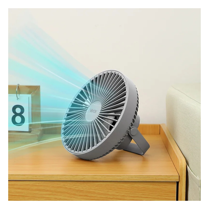 LED Ladattava pöytä tuuletin LED-valolla LED/2W/5V USB 2400 mAh harmaa