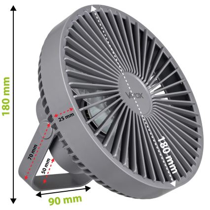 LED Ladattava pöytä tuuletin LED-valolla LED/2W/5V USB 2400 mAh harmaa