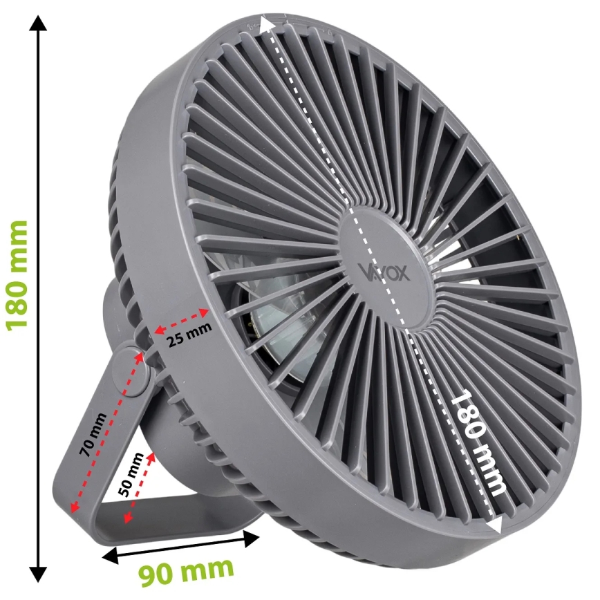 LED Ladattava pöytä tuuletin LED-valolla LED/2W/5V USB 2400 mAh harmaa