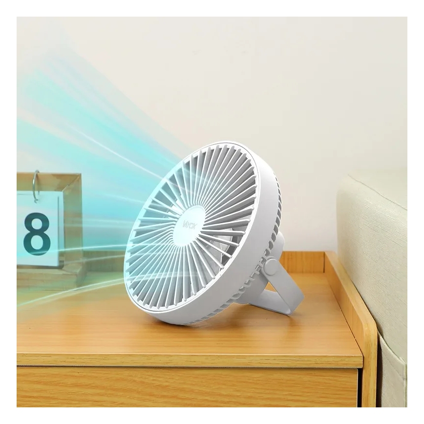 LED Ladattava pöytä tuuletin LED-valolla LED/2W/5V USB 2400 mAh valkoinen
