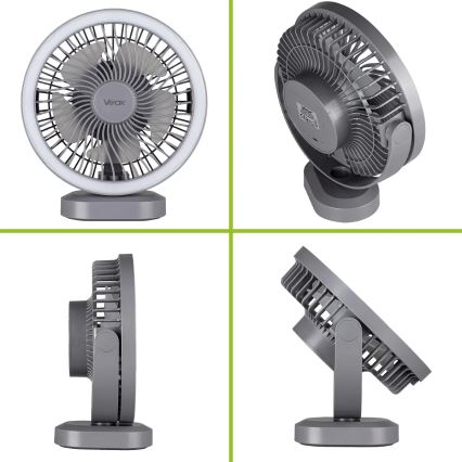 LED Ladattava pöytä tuuletin LED-valolla LED/3W/5V USB 2400 mAh harmaa
