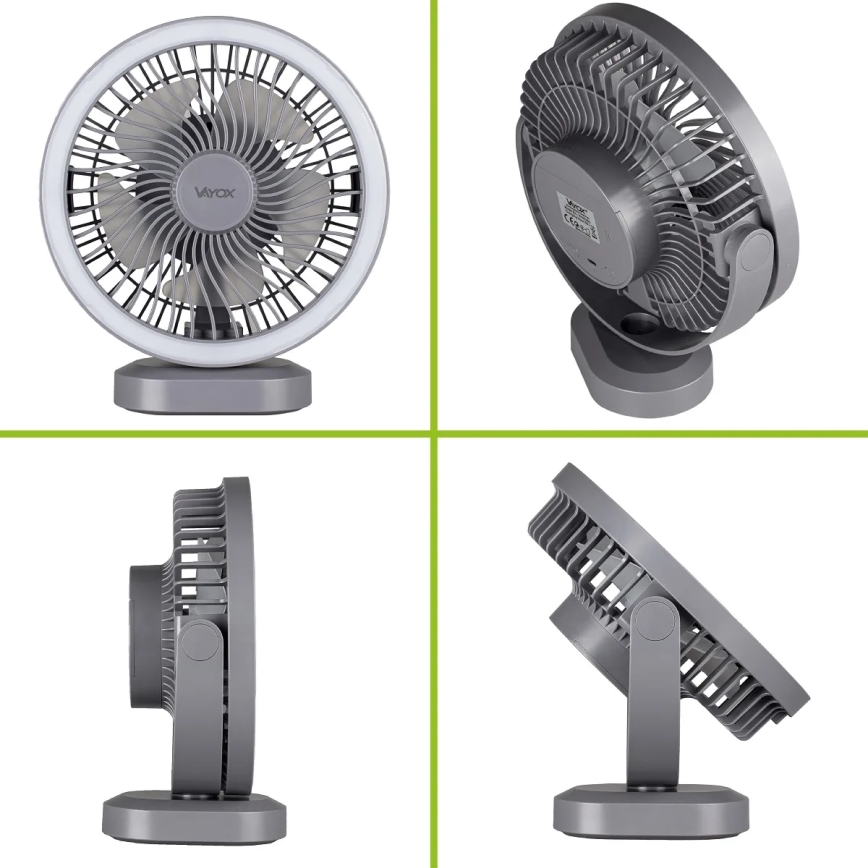 LED Ladattava pöytä tuuletin LED-valolla LED/3W/5V USB 2400 mAh harmaa