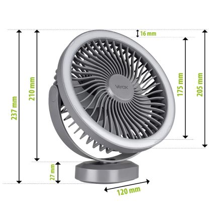 LED Ladattava pöytä tuuletin LED-valolla LED/3W/5V USB 2400 mAh harmaa