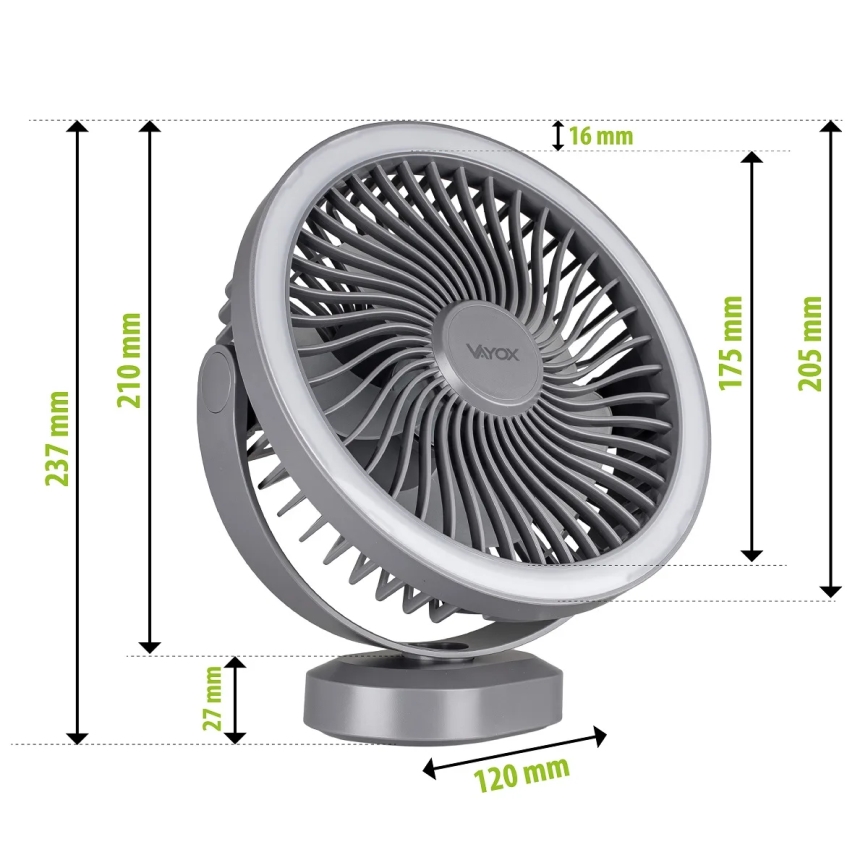 LED Ladattava pöytä tuuletin LED-valolla LED/3W/5V USB 2400 mAh harmaa